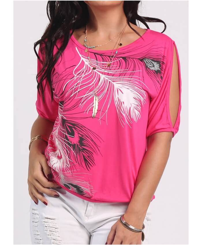 Cold Shoulder Feather Print Watermelon Red T Shirt